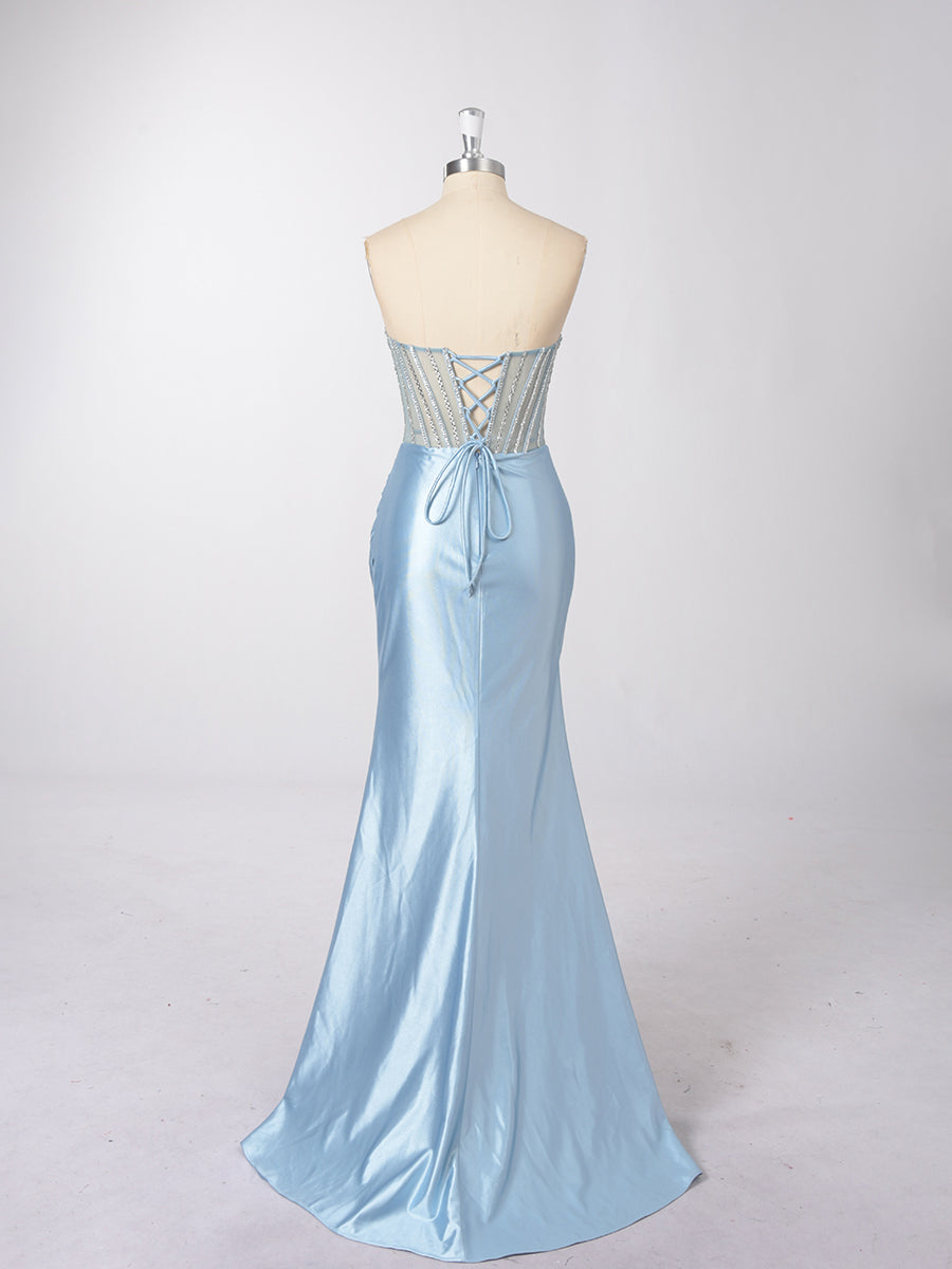 Cicinia Sky Blue Prom Dresses Online Long Stretch Satin Sheath Strapless Beaded Slit