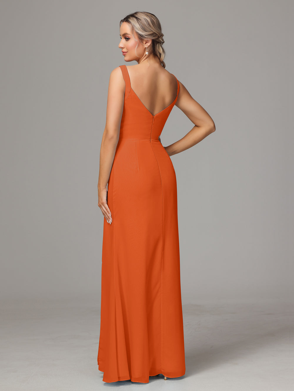 V-neck Long Chiffon Dress with Slit for Bridesmaids Ivory Plus Size main image 1