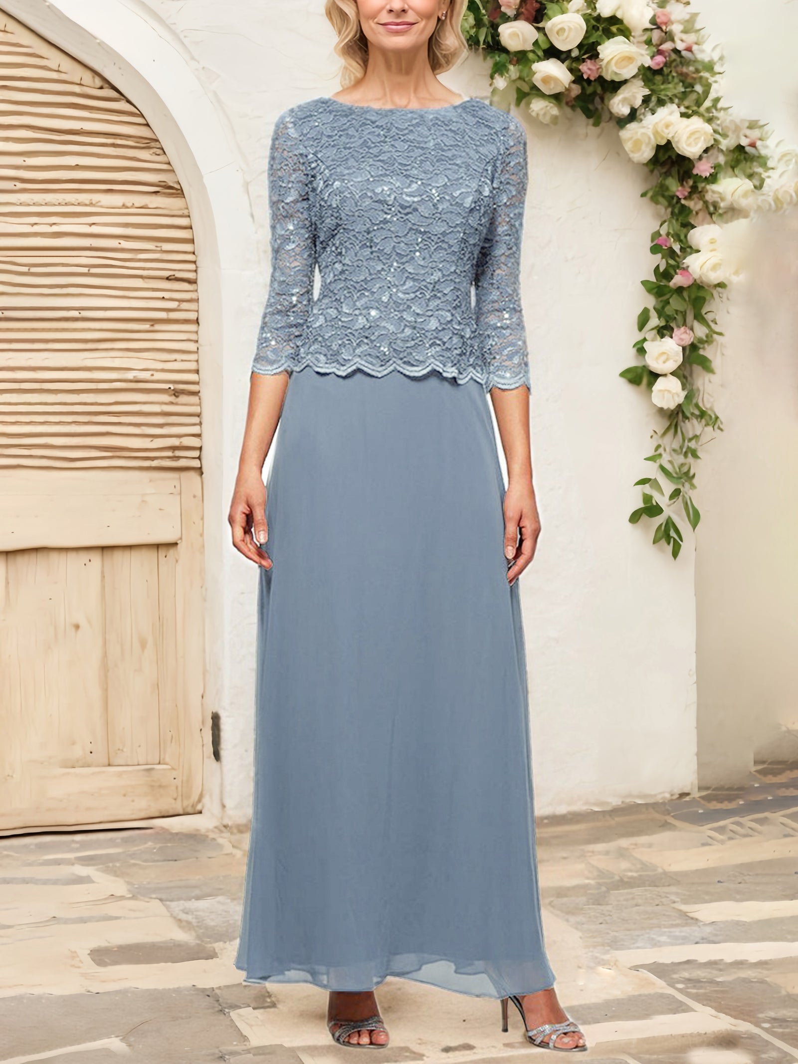 Dusty Blue Mother Of The Bride Dresses Mock Two-Piece Lace Bodice 3/4