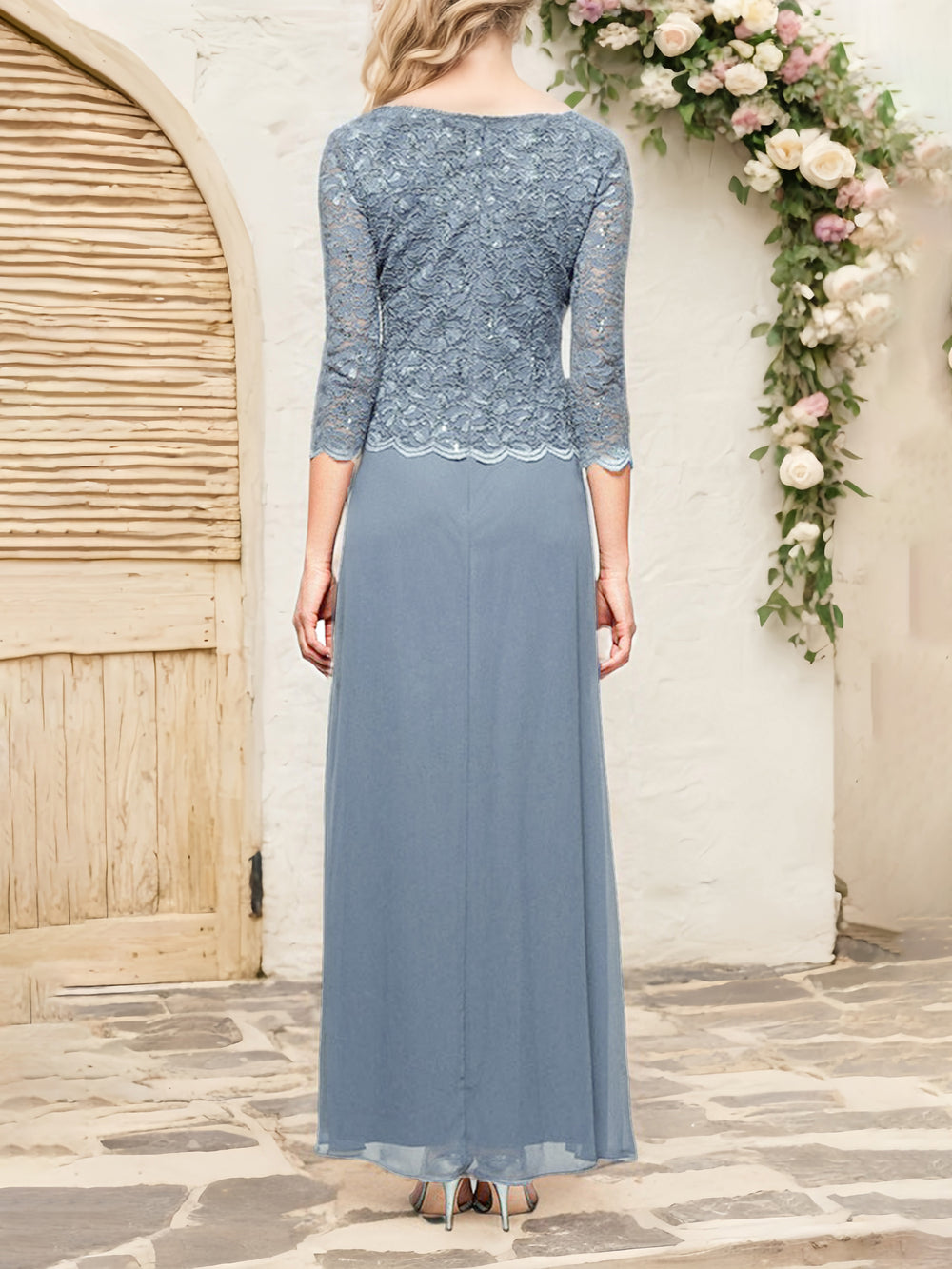 Dusty Blue Mother Of The Bride Dresses Mock Two-Piece Lace Bodice 3/4