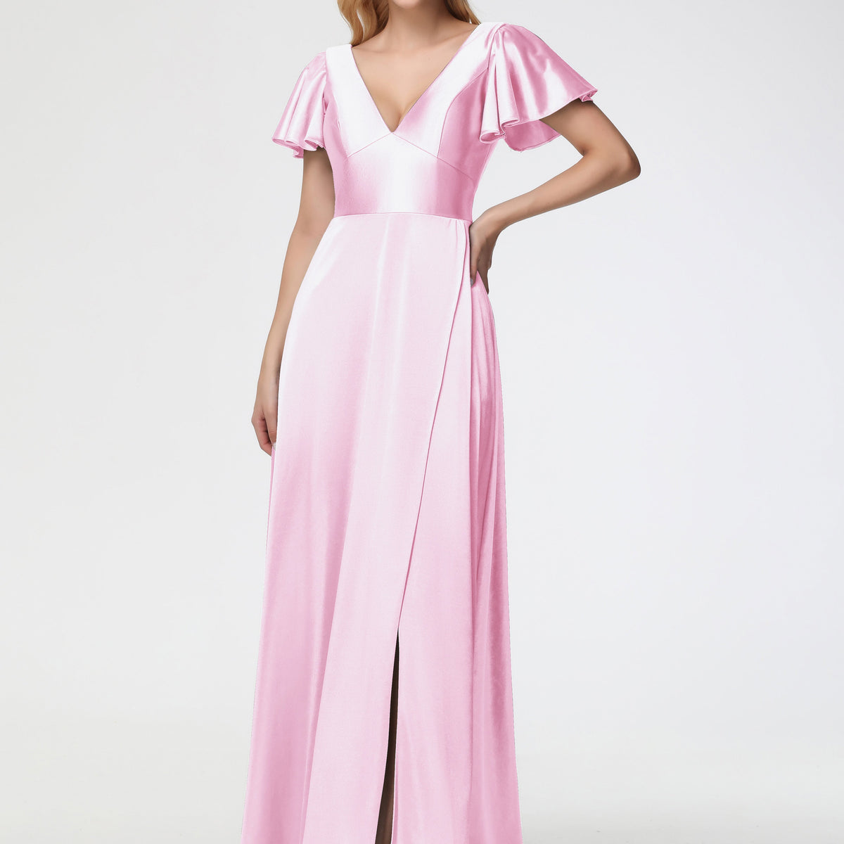 Bridesmaid Dresses Blush Pink Deep V-Neck Short Sleeves Stretch Satin