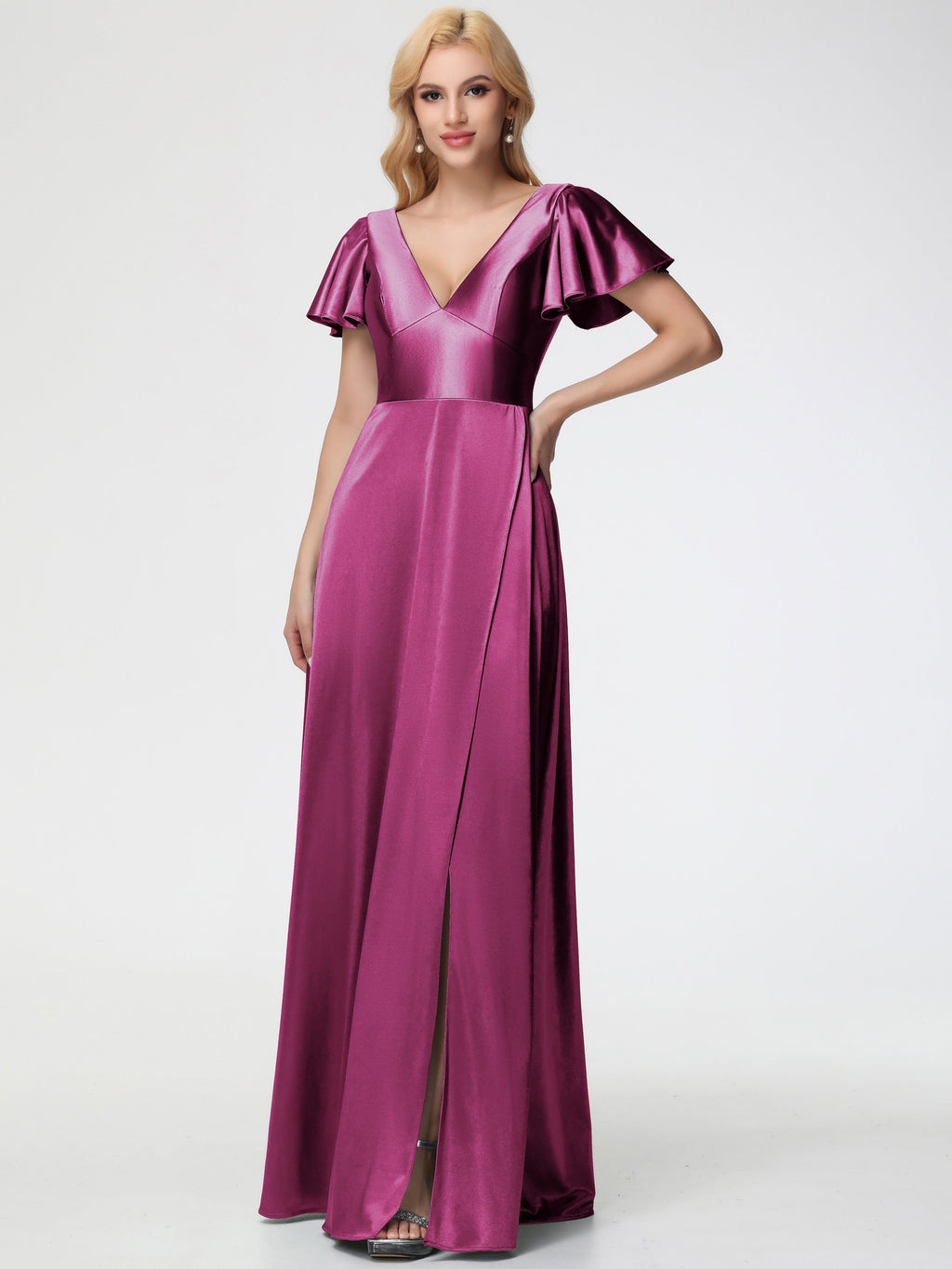 Bridesmaid Dresses Fuchsia Deep V-Neck Short Sleeves Stretch Satin Bridesmaid Dress With Split