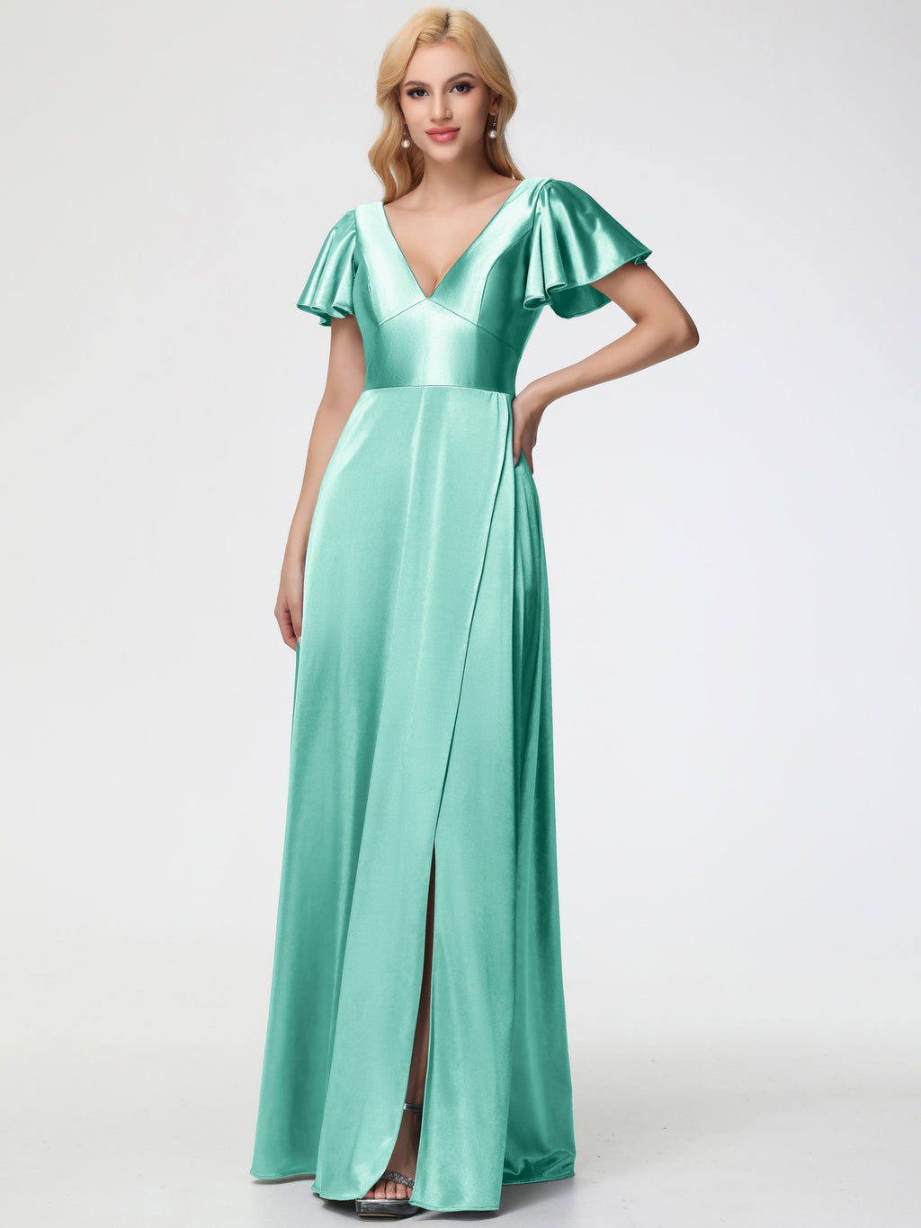 Bridesmaid Dresses Mint Green Deep V-Neck Short Sleeves Stretch Satin