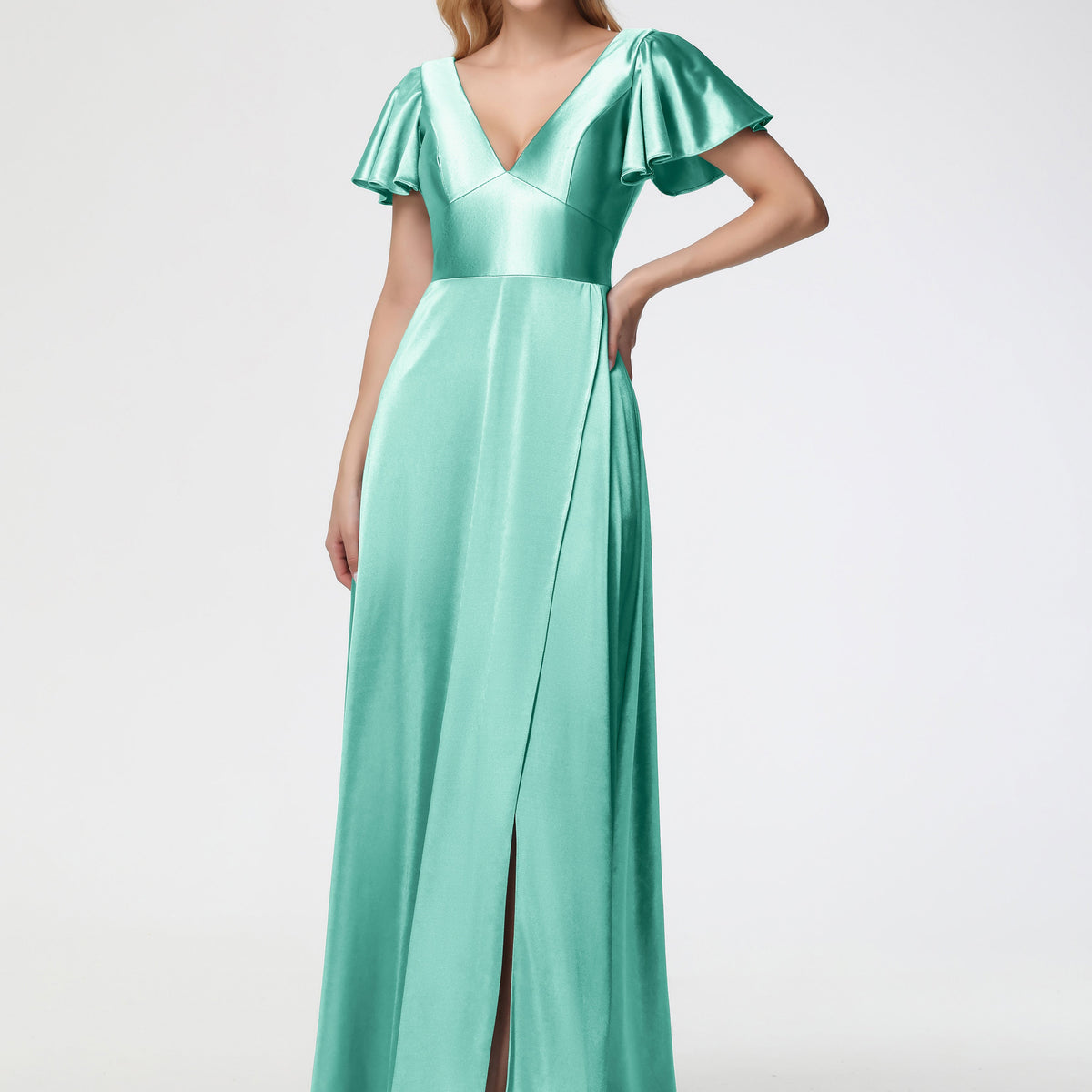 Bridesmaid Dresses Mint Green Deep V-Neck Short Sleeves Stretch Satin