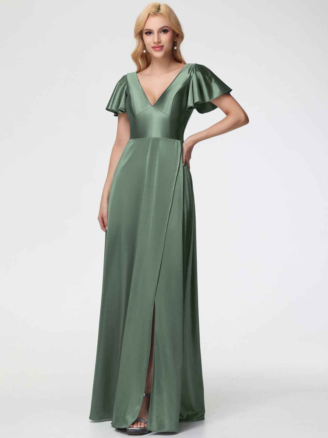 Prom Dresses Olive Green Deep V-Neck Short Sleeves Stretch Satin Prom