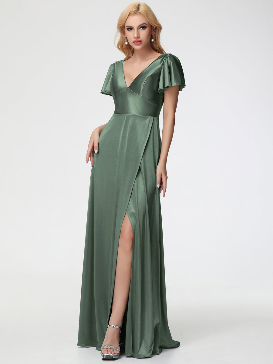 Prom Dresses Olive Green Deep V-Neck Short Sleeves Stretch Satin Prom