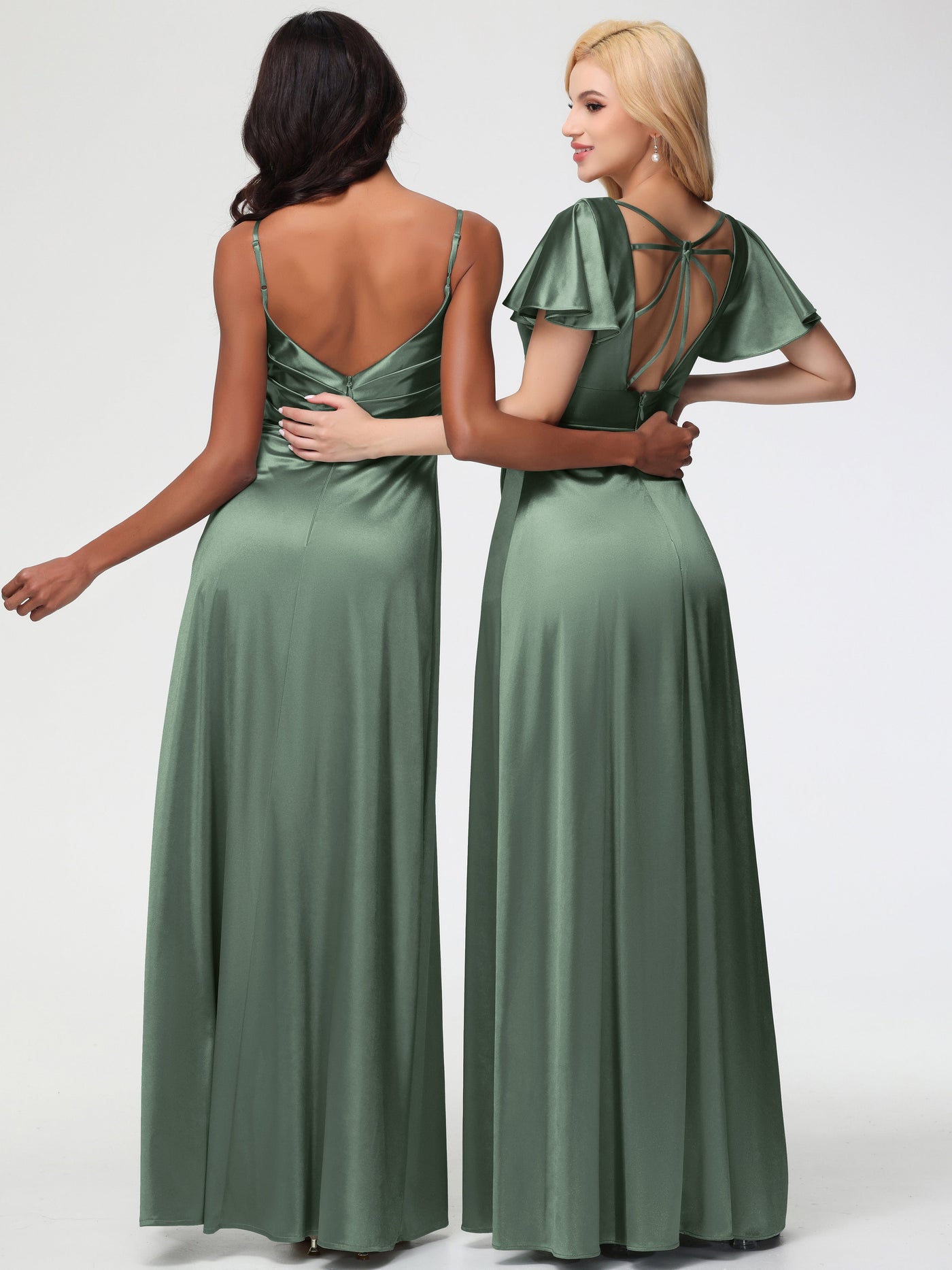 Prom Dresses Olive Green Deep V-Neck Short Sleeves Stretch Satin Prom