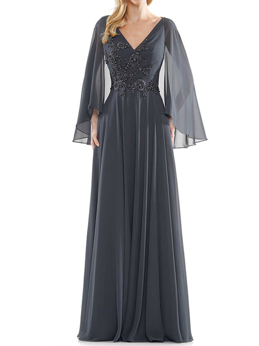 Flowy Long Sleeves V Neck Chiffon Beaded Appliques Mother of the Bride Dress
