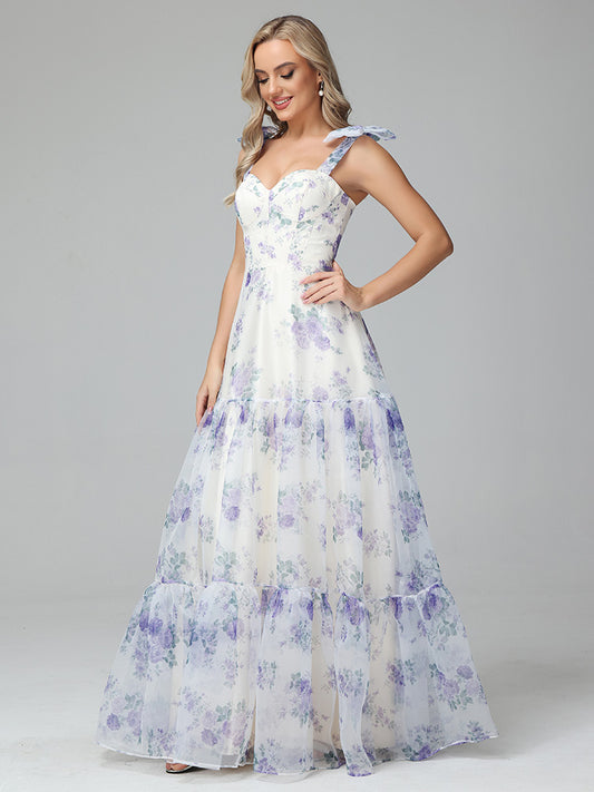 Floral Print Lace Up Floor Length Prom Dresses