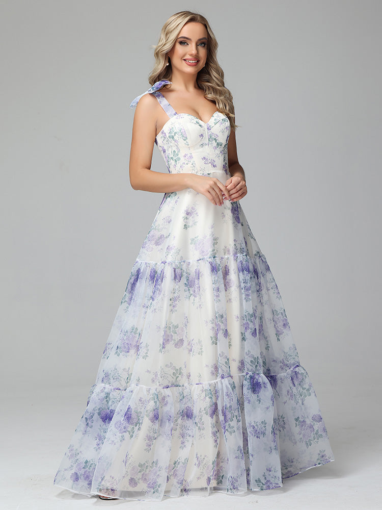 Floral Print Lace Up Floor Length Prom Dresses