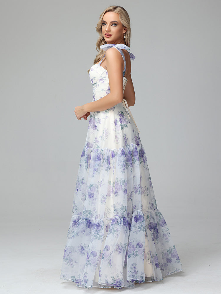 Elegant Floral Print Lace Up Floor Length Bridesmaid Dresses