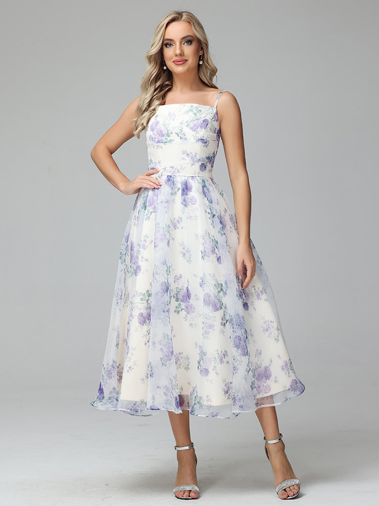 Spaghetti Straps Floral Print Tea Length Prom Dresses