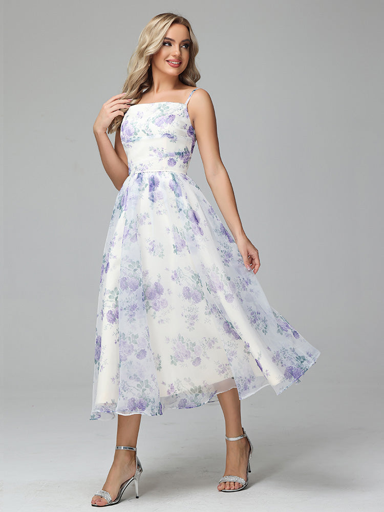 Spaghetti Straps Floral Print Tea Length Prom Dresses