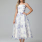 Spaghetti Straps Floral Print Tea Length Prom Dresses
