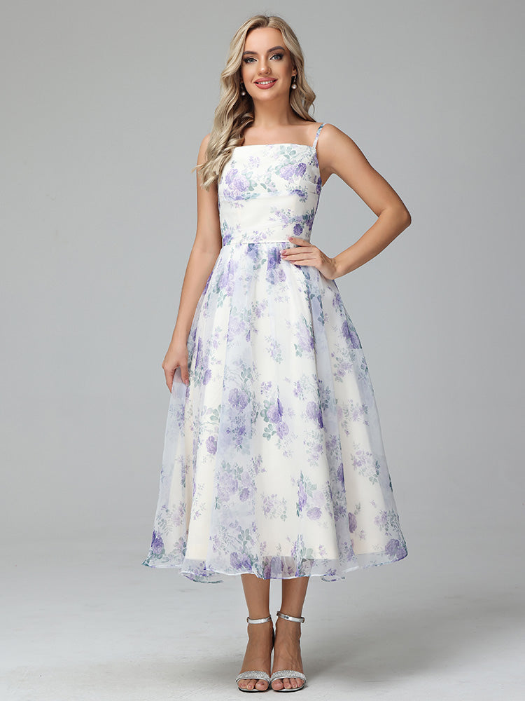 Spaghetti Straps Floral Print Tea Length Prom Dresses