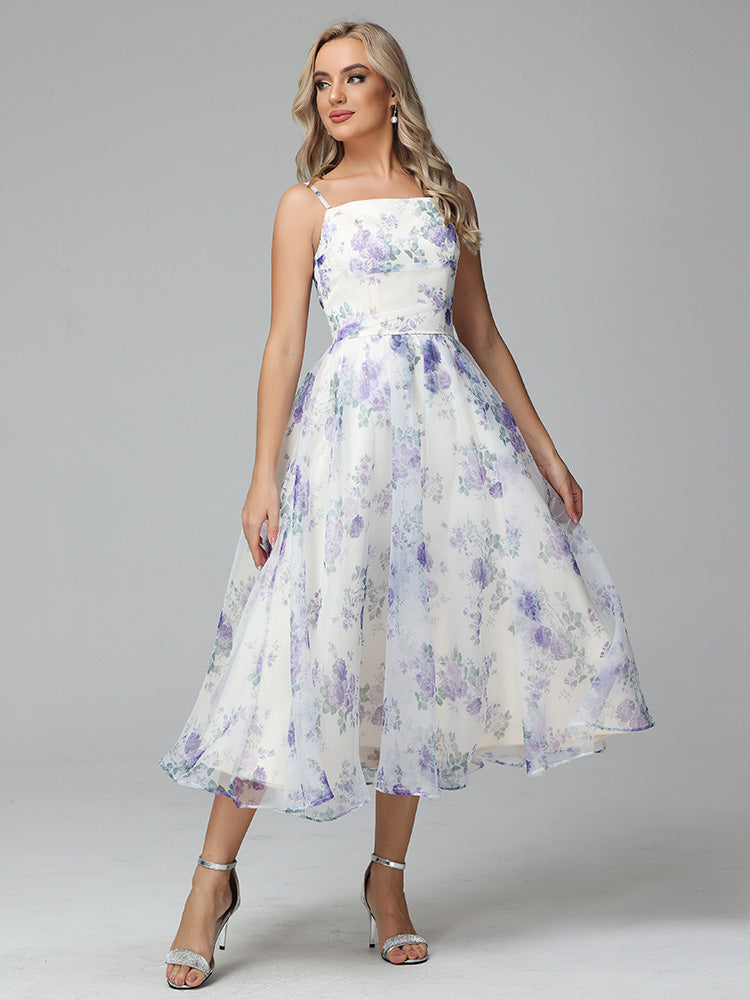 Spaghetti Straps Floral Print Tea Length Prom Dresses