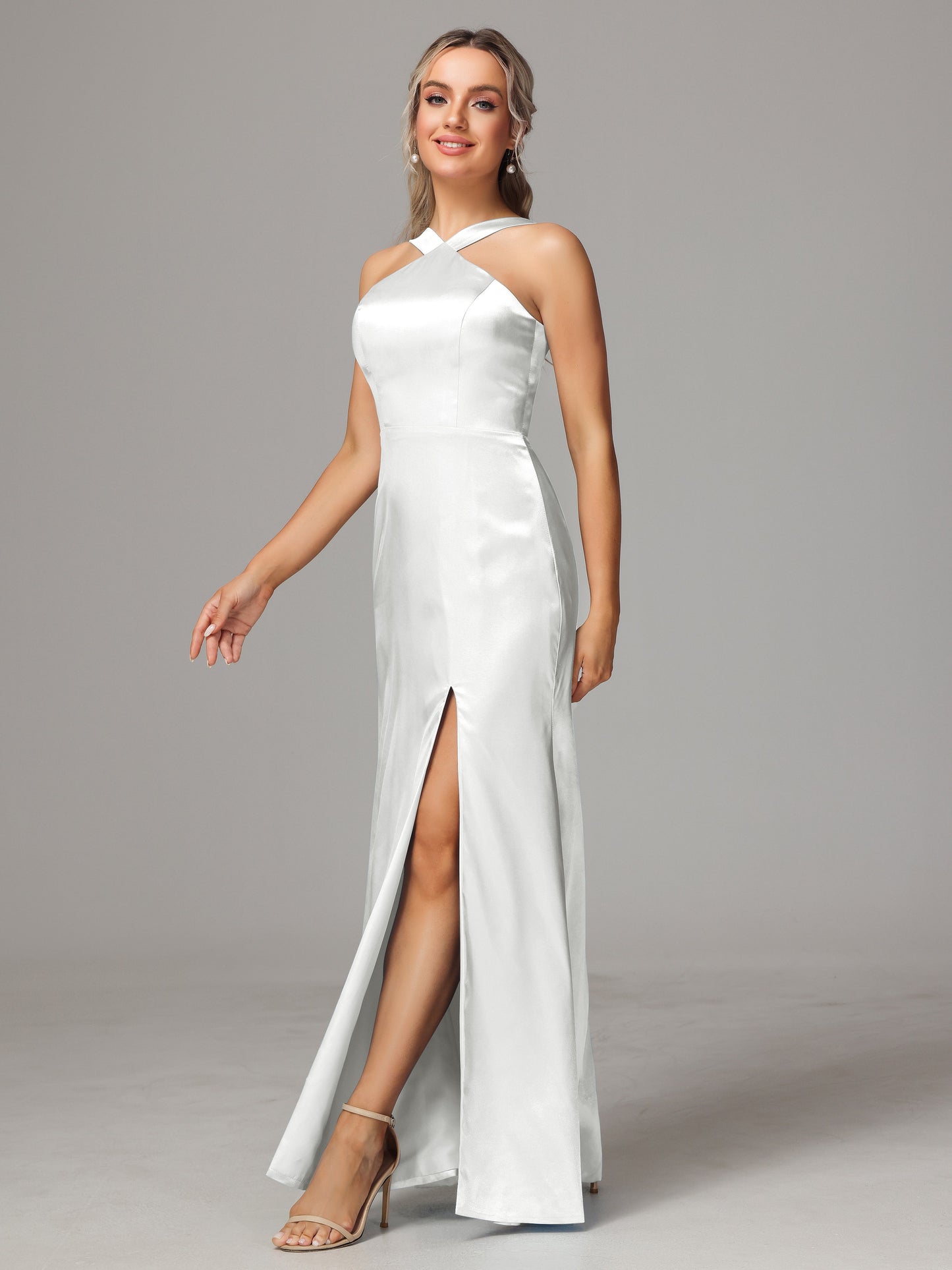 Halter Sleeveless Soft Satin Wedding Guest Dress