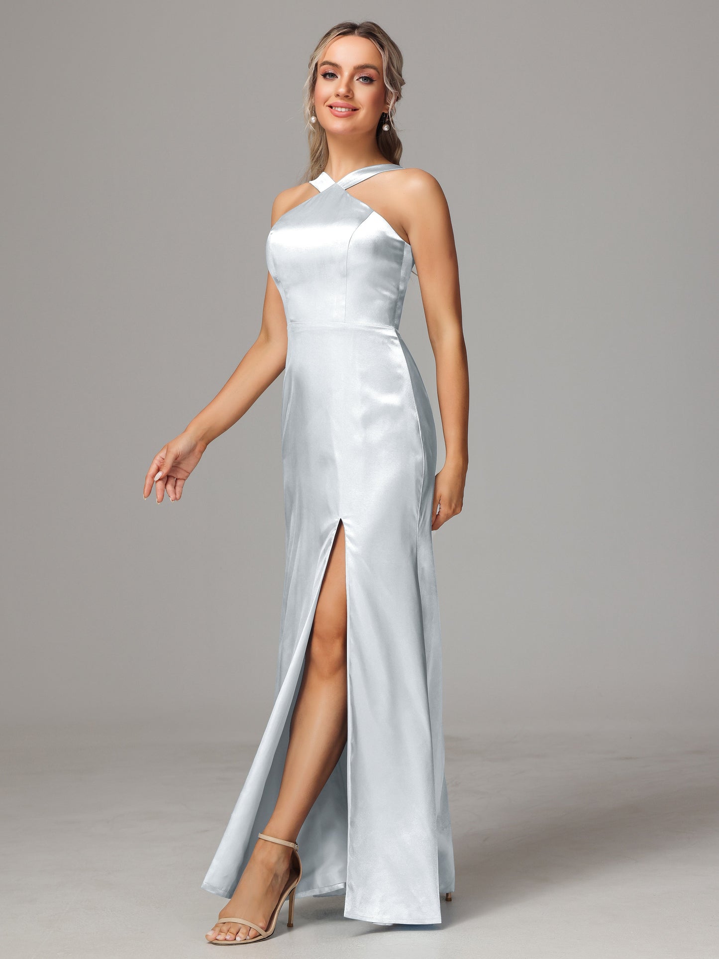 Halter Sleeveless Soft Satin Wedding Guest Dress