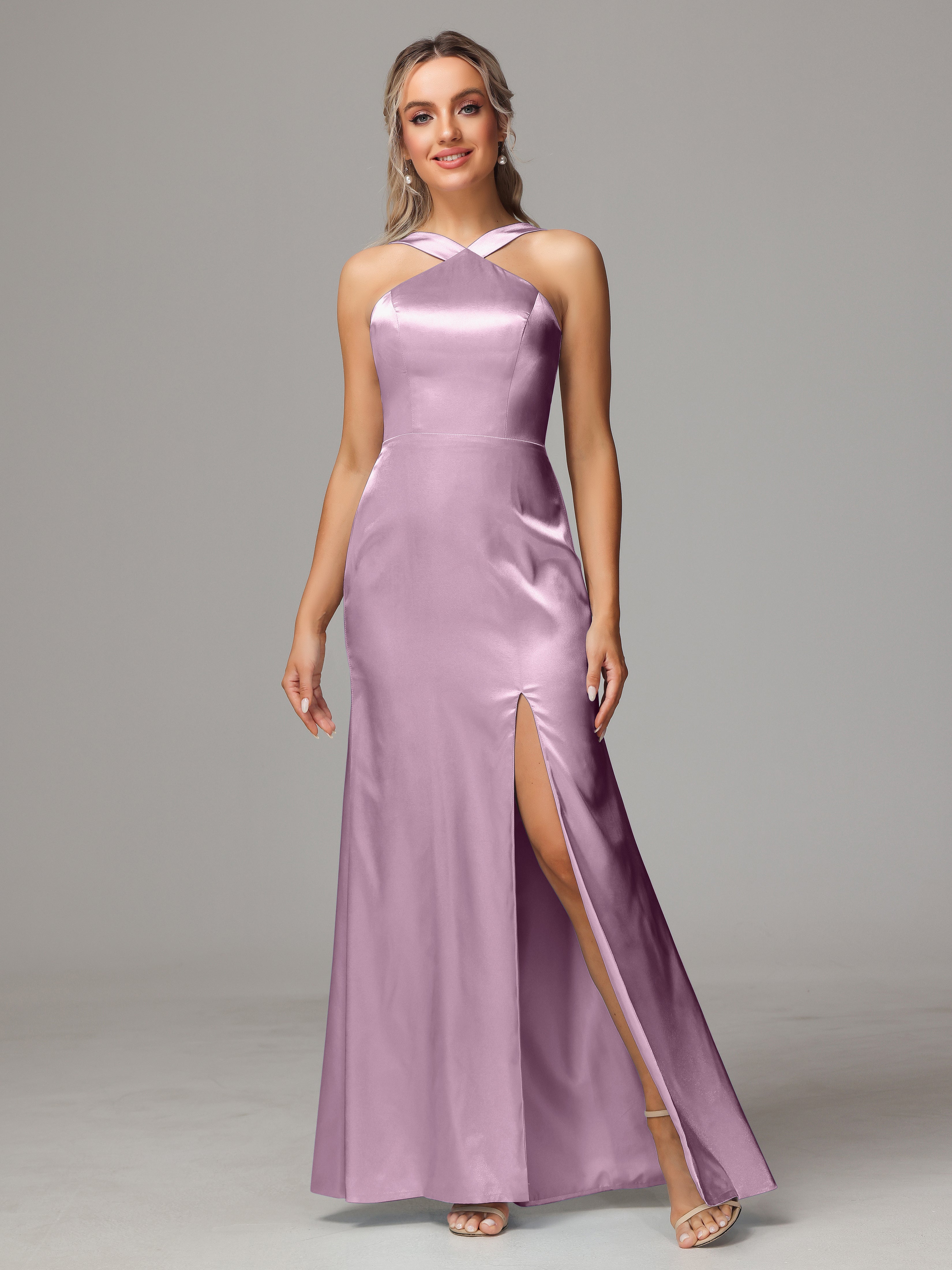 Halter Sleeveless Soft Satin Wedding Guest Dress