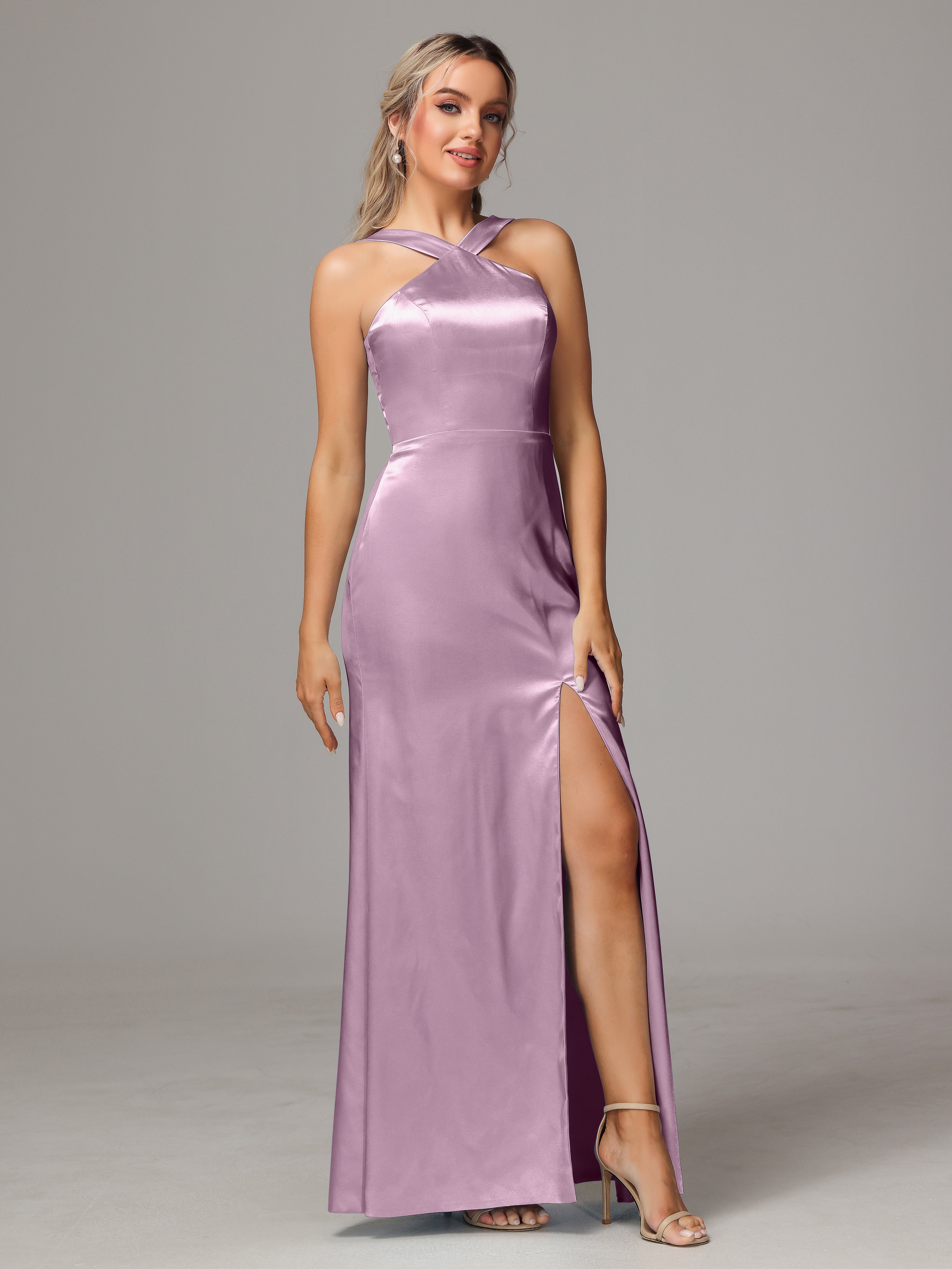 Halter Sleeveless Soft Satin Wedding Guest Dress