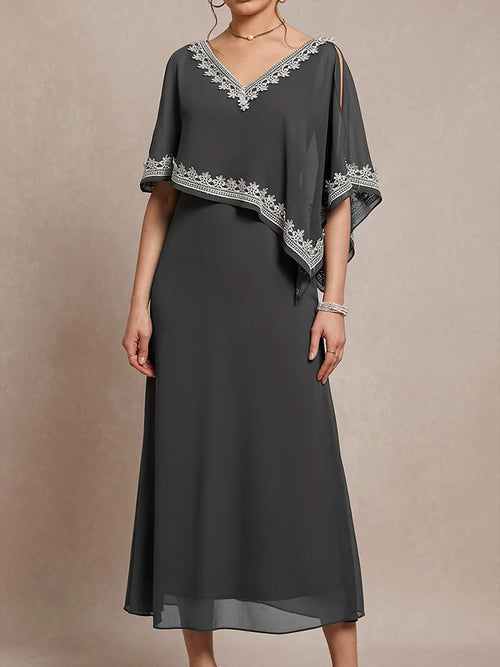 V-Neck Chiffon Mother of the Bride Dresses Half Sleeves Lace Floral Asymmetrical Tea-Length