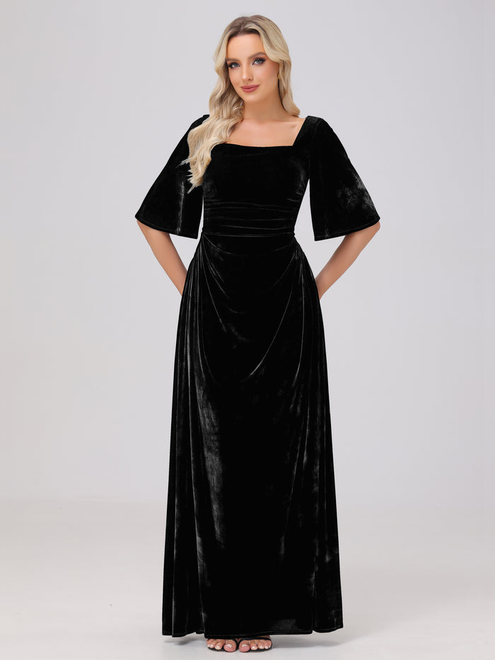 Half Sleeves Square Neck Velvet Bridesmaid Dresses