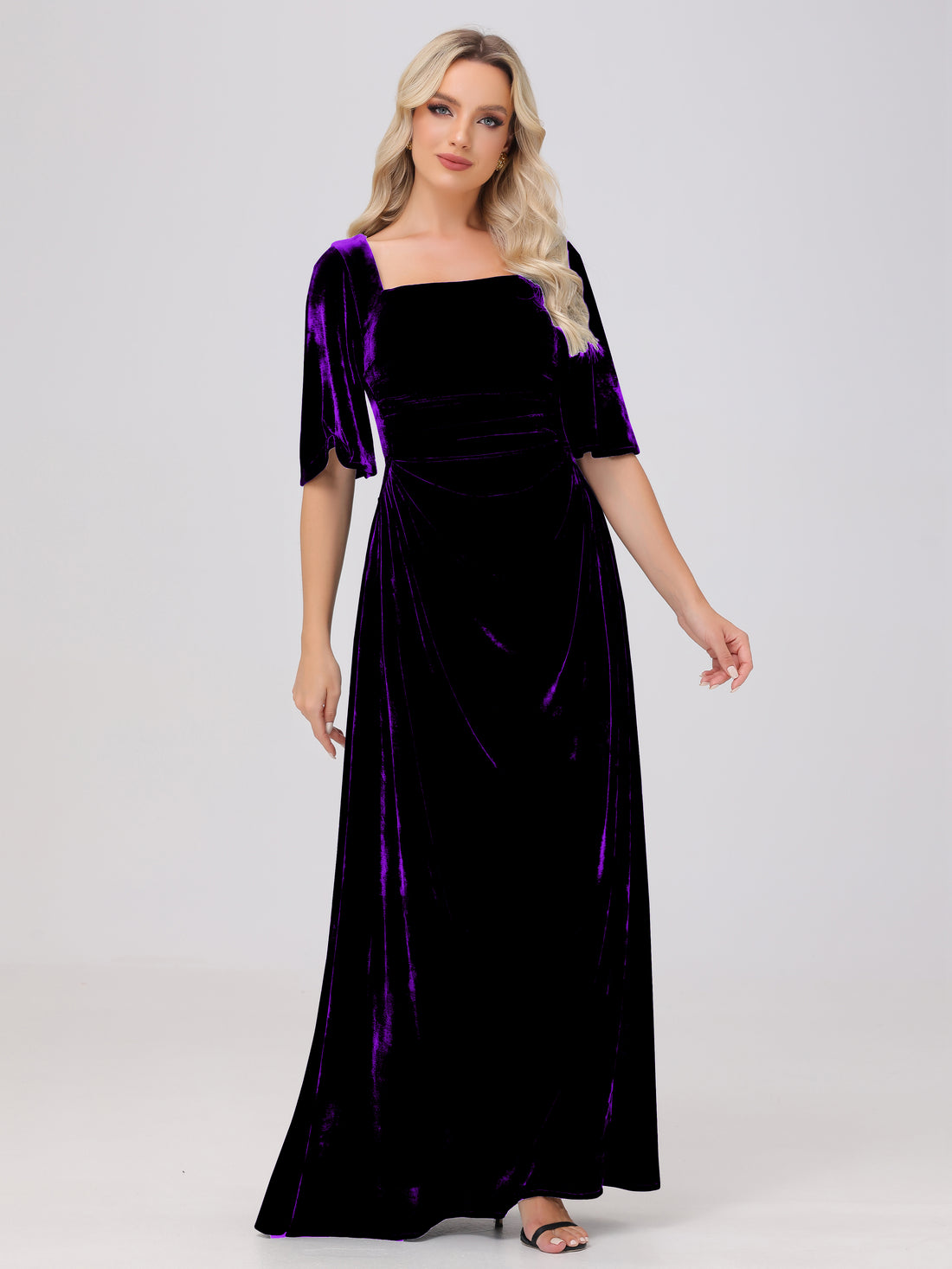 Half Sleeves Square A-Line long Bridesmaid Dress - Orange