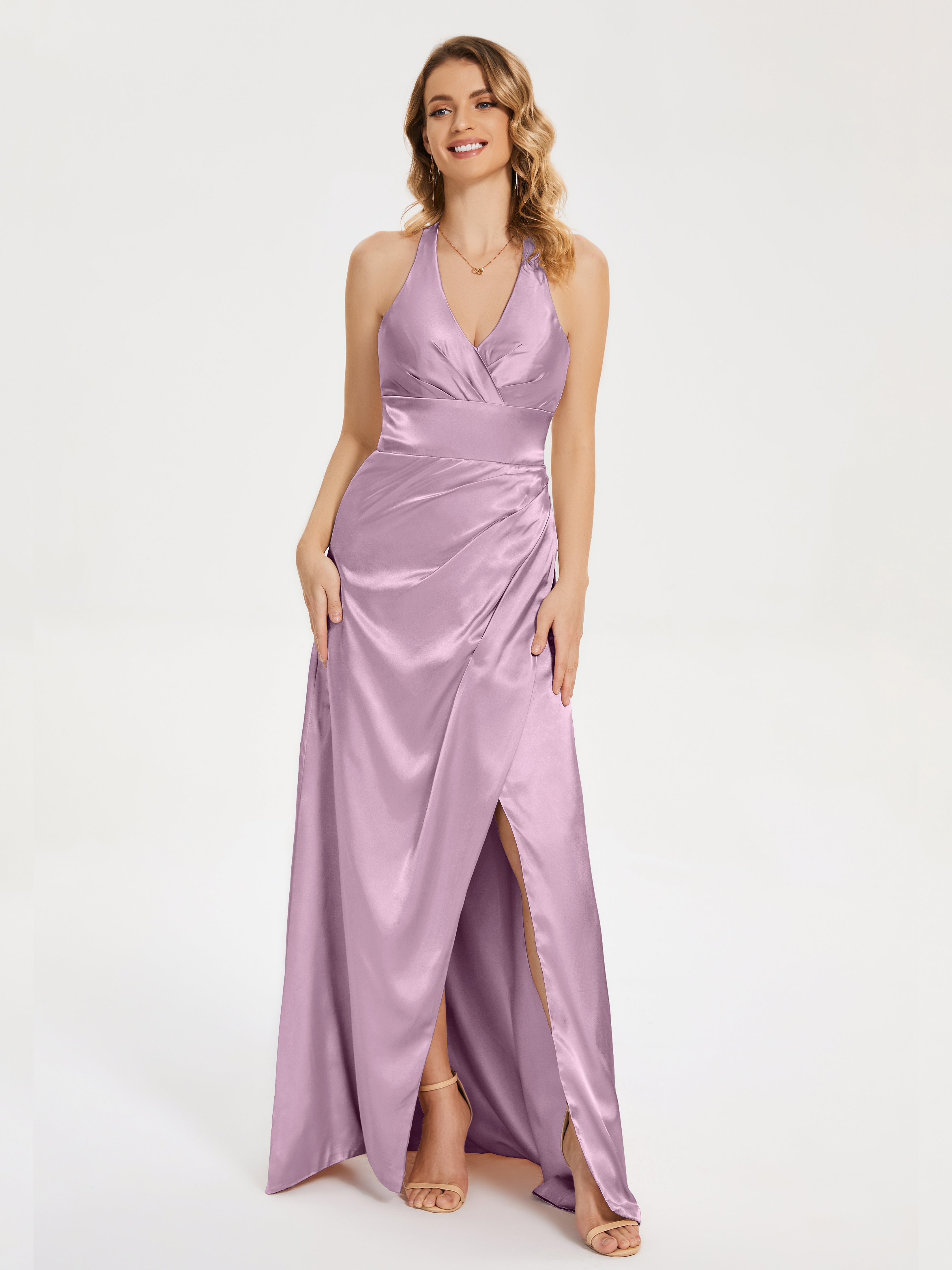 V Neck Sleeveless Soft Satin Wedding Guest Dress with Training