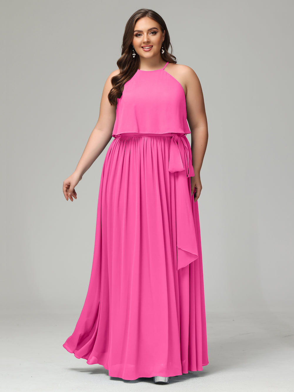 Chiffon Long Bridesmaid Gown with Halter Neck Lime Green Plus Size