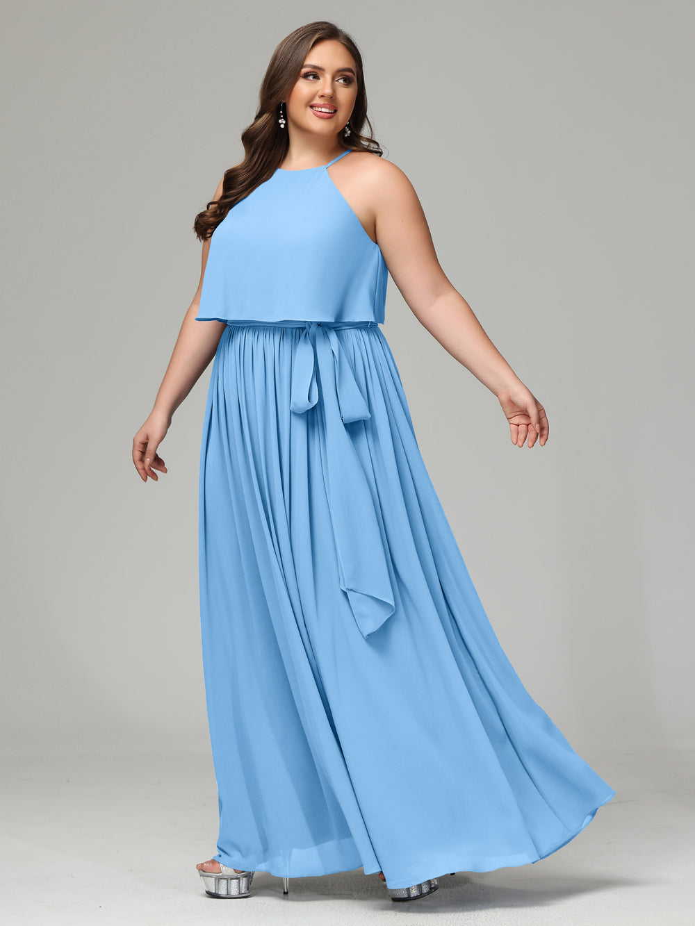 Halter Chiffon Max Bridesmaid Dresses with Pockets Ink Blue Plus Size