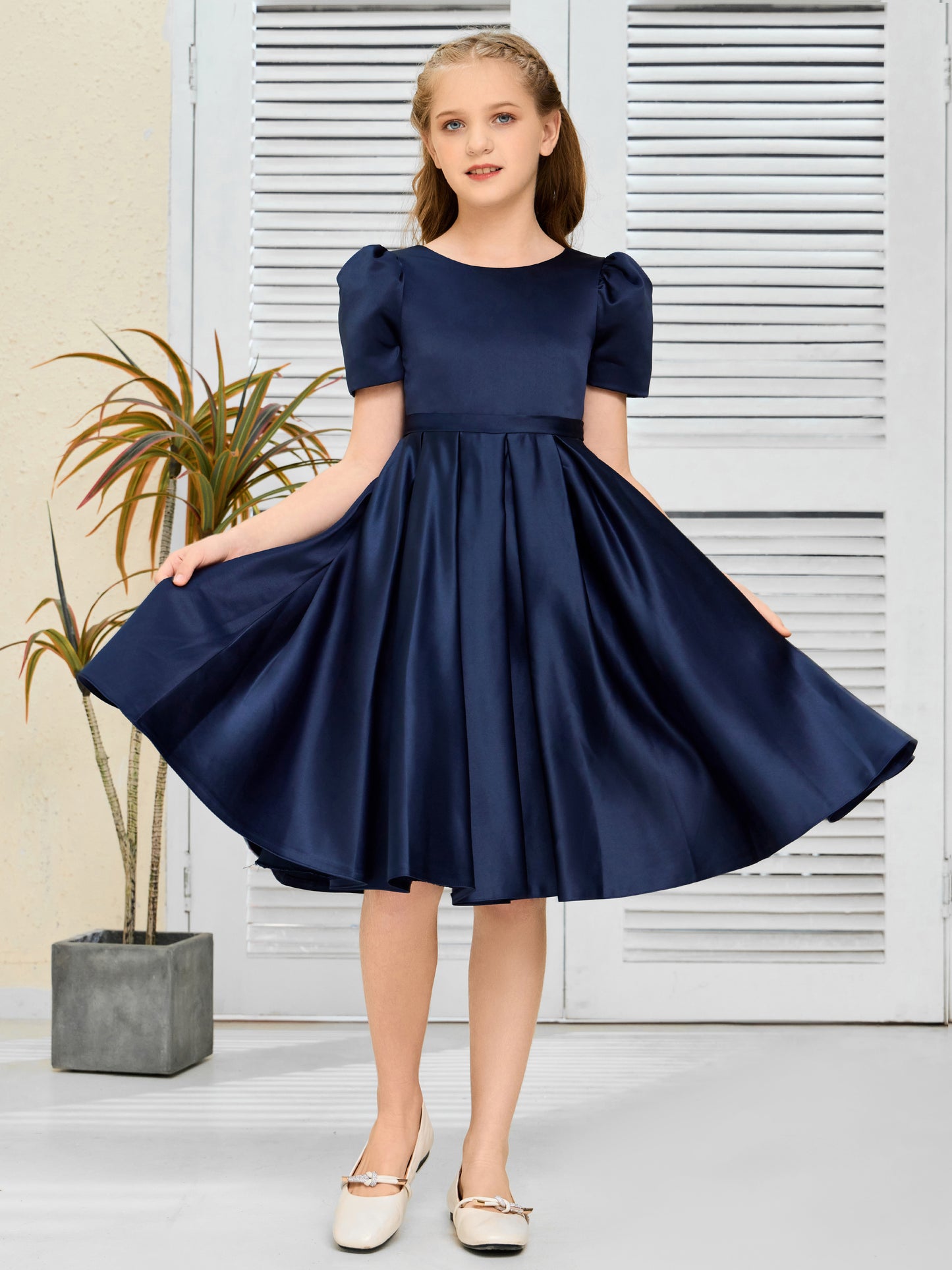 Simple Short Sleeves Satin Flower Girl Dress