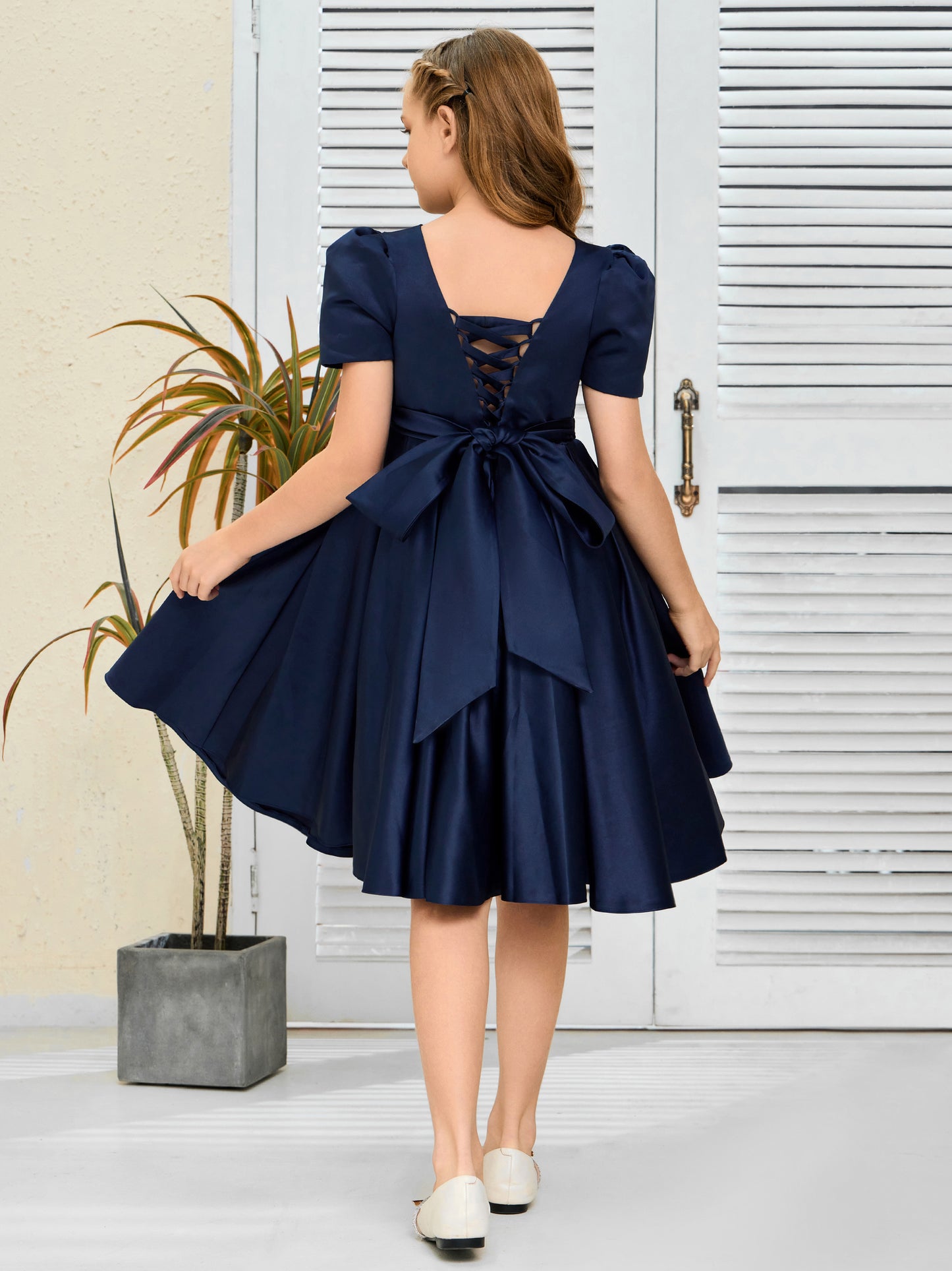 Simple Short Sleeves Satin Flower Girl Dress