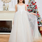 Spaghetti Straps Appliques Tulle Flower Girl Dress with Bow-Knot