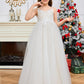 Spaghetti Straps Appliques Tulle Flower Girl Dress with Bow-Knot