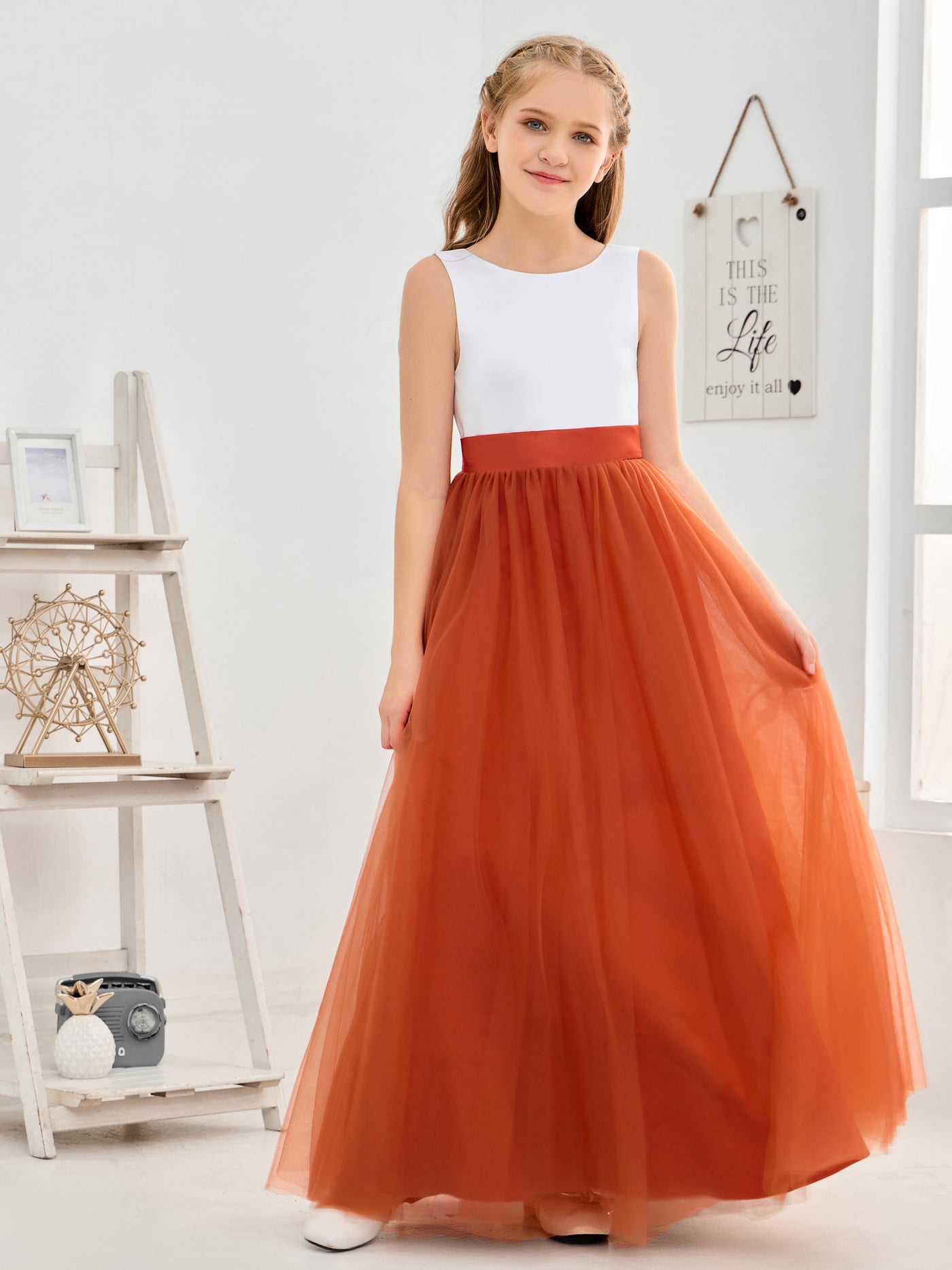 V Neck Sweep Train Yellow Tulle Flower Girl Dress with Flowers LBQF0040