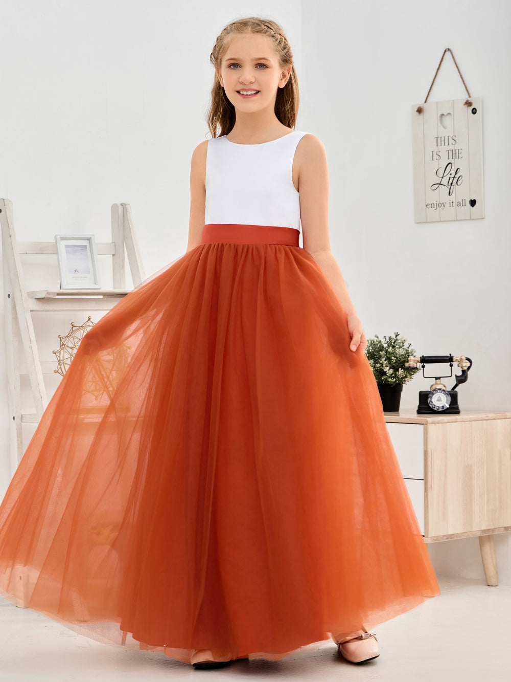 V-Neck Sleeveless Tulle Girl's Dress Dusty Rose