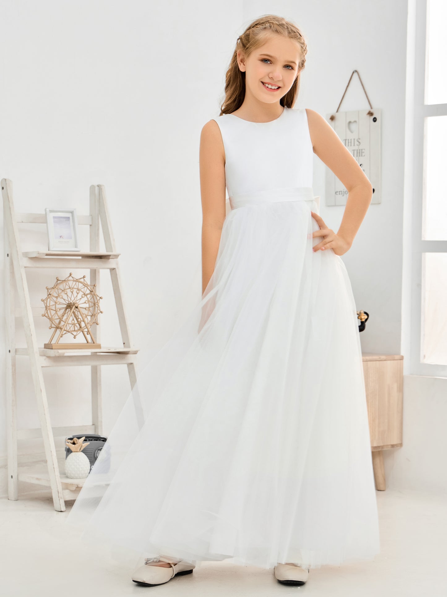 Sleeveless Satin Flower Girl Dress With Bow-Knot