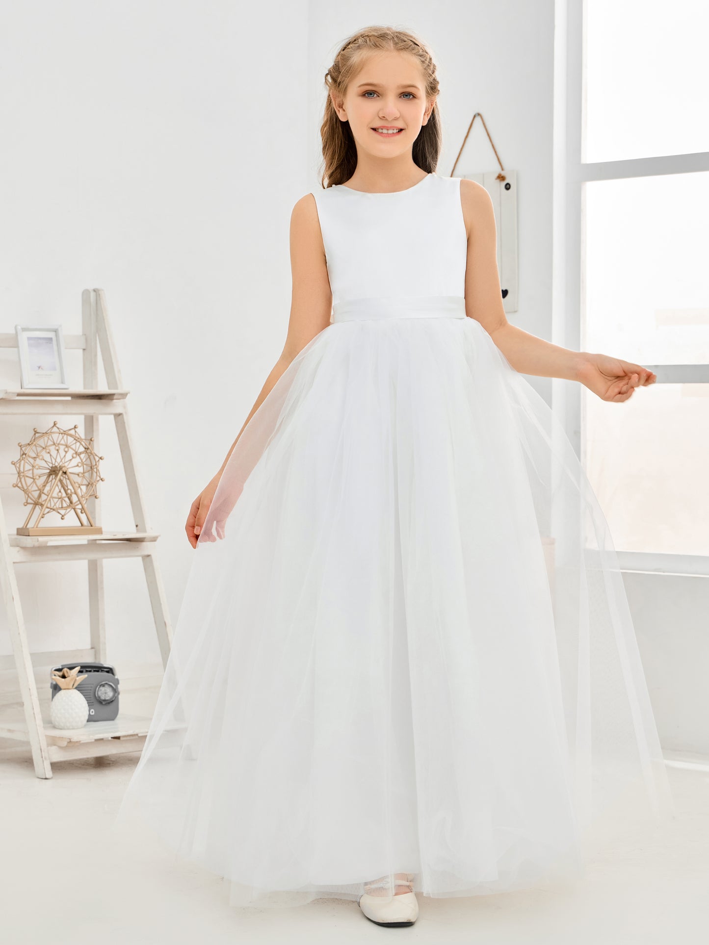 Sleeveless Satin Flower Girl Dress With Bow-Knot
