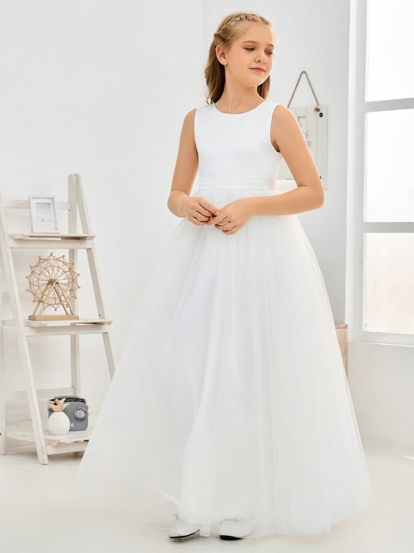 Sleeveless Satin Flower Girl Dress With Bow-Knot