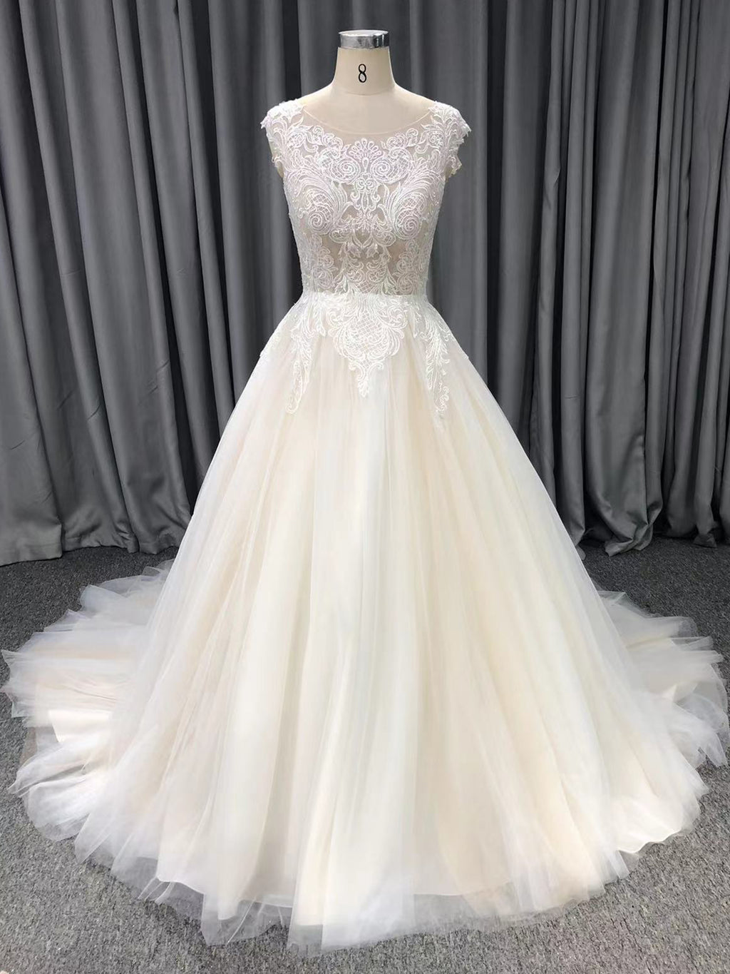 Illusion Lace Appliqued Top Tulle Skirt A-Line Wedding Dress
