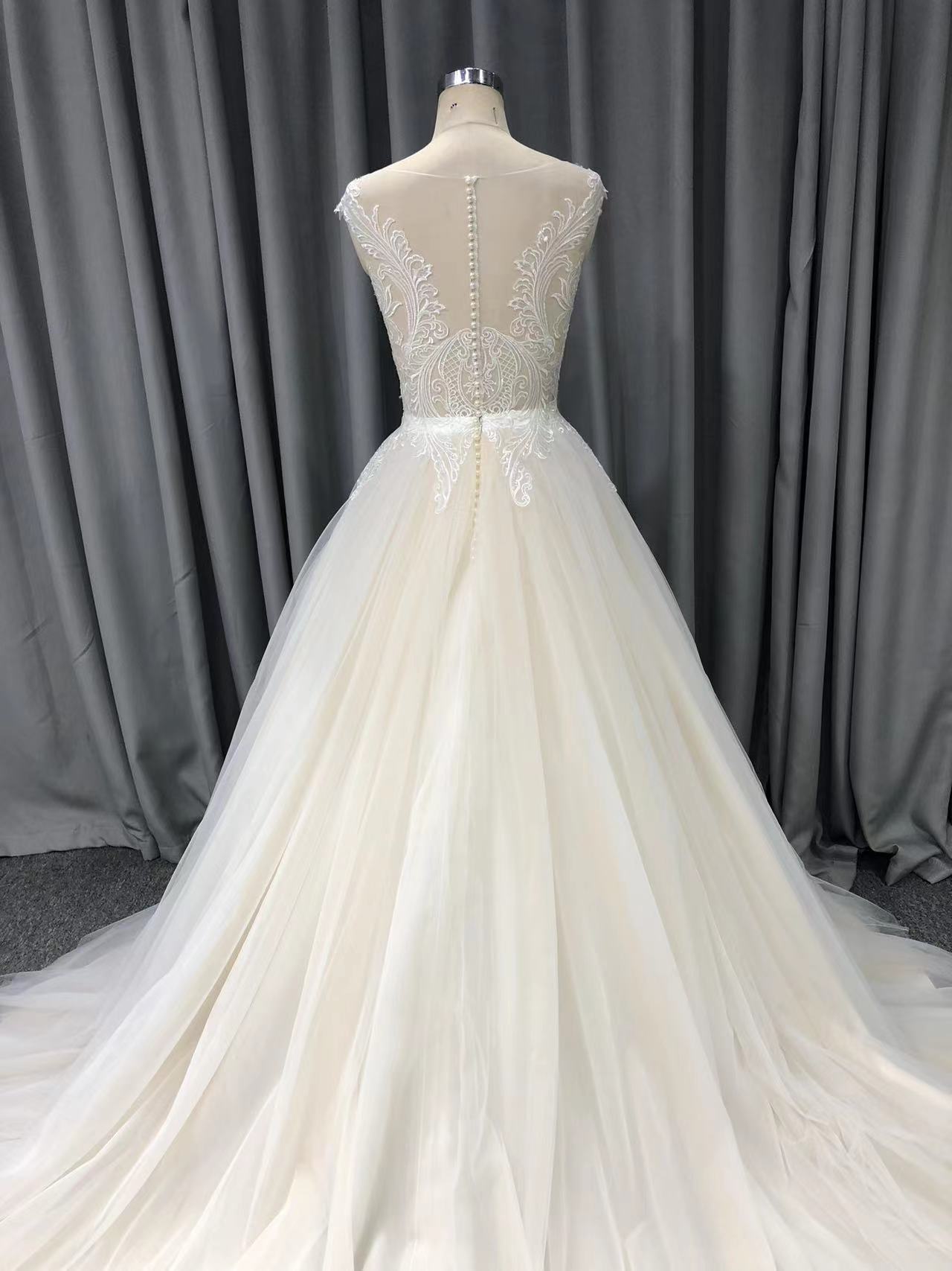 Illusion Lace Appliqued Top Tulle Skirt A-Line Wedding Dress
