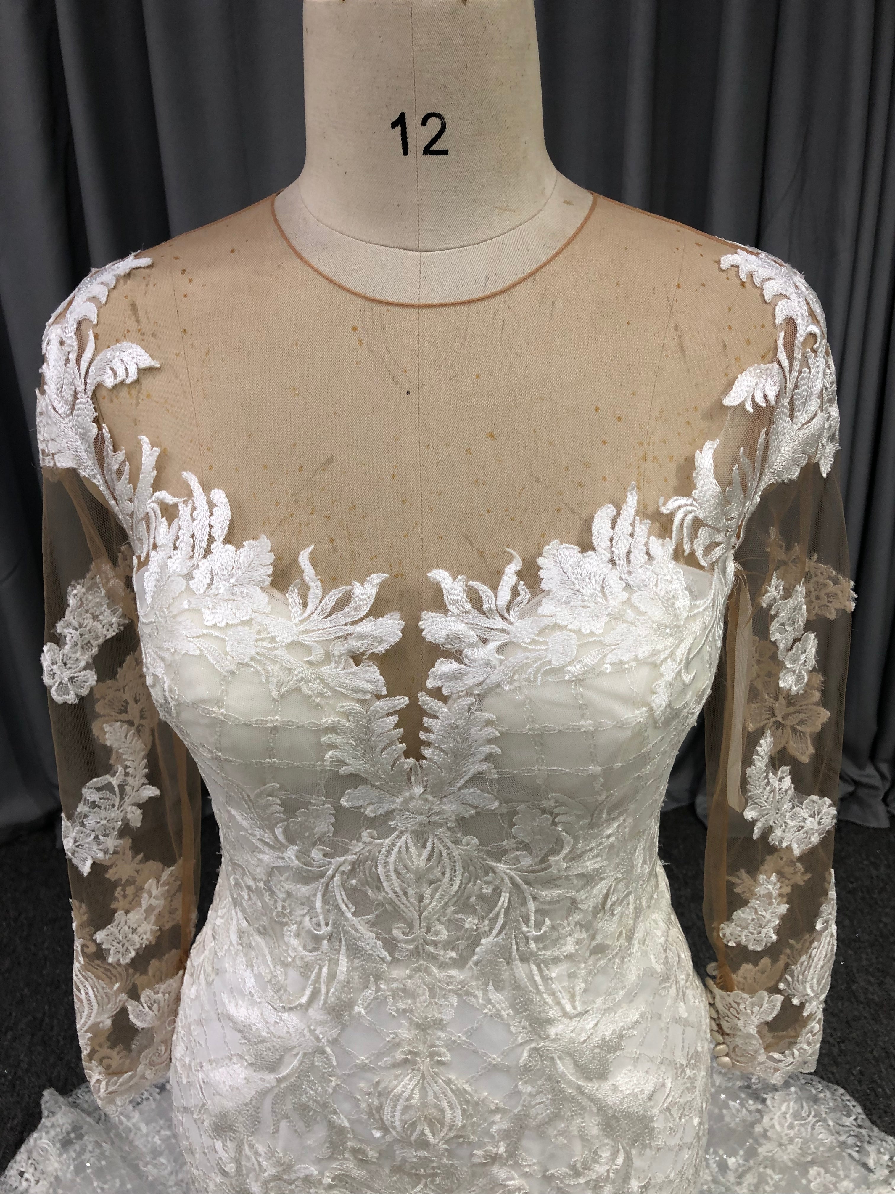 Illusion Neck Long Sleeves Lace Appliqued Mermaid Wedding Gown