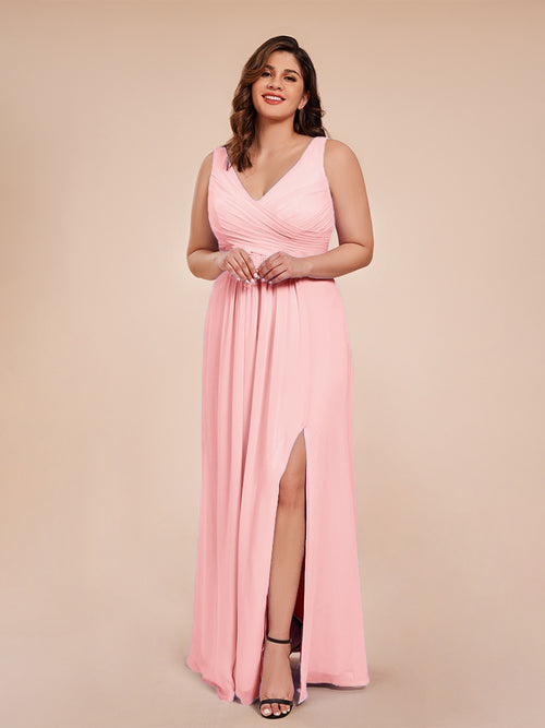 Jurnee Floor Length V-neck Ruched Chiffon Plus Size Bridesmaid Dress
