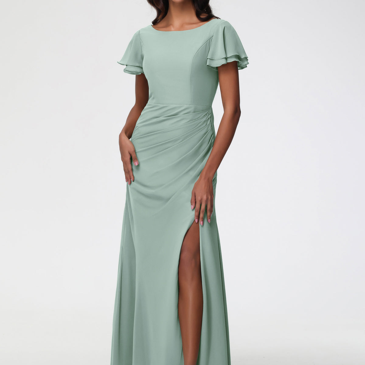 celadon green dress Bridesmaid Dresses Chic Bateau Neckline Ruffle Short Sleeves Sheath/Column Chiffon Bridesmaid with Slit HSB