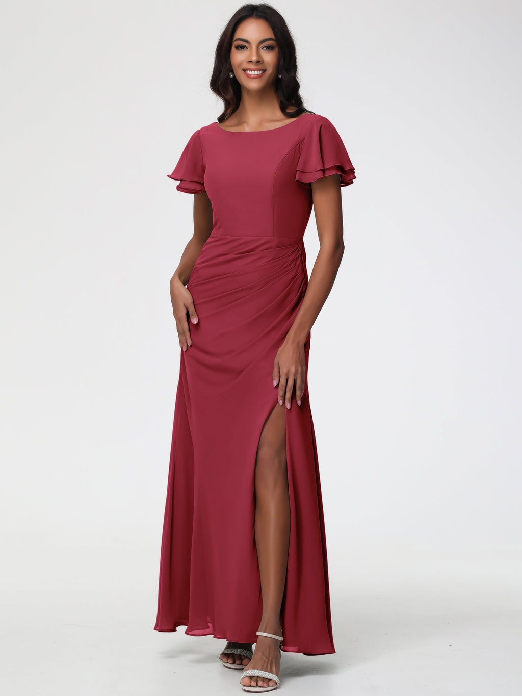 Cinnamon Bridesmaid Dresses Chic Bateau Neckline Ruffle Short Sleeves Cinnamon Bridesmaid Dresses Chic Bateau Neckline Ruffle Short Sleeves