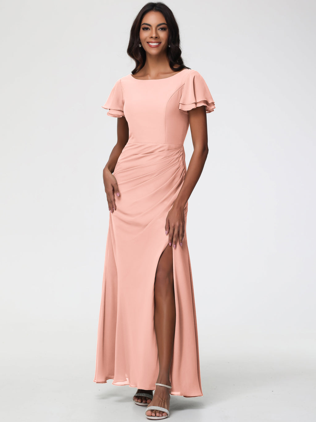Coral Bridesmaid Dresses Chic Bateau Neckline Ruffle Short Sleeves She