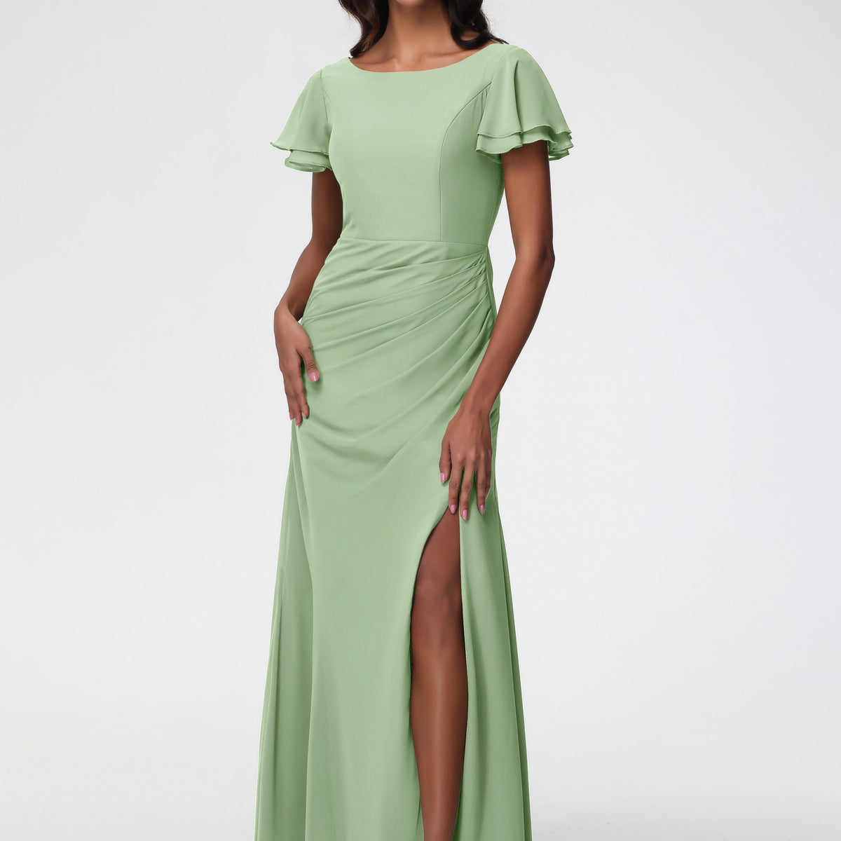 Dusty Sage Green Bridesmaid Dresses Chic Bateau Neckline Ruffle Short