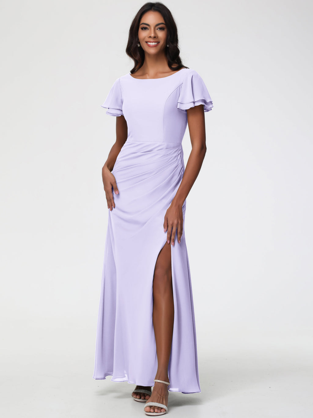 Bridesmaid Dresses Lilac Chic Bateau Neckline Ruffle Short Sleeves Sheath/Column Chiffon Bridesmaid Dress with Slit Bridesmaid Dresses Lilac Chic Bateau Neckline Ruffle Short Sleeves Sheath/Column Chiffon Bridesmaid Dress with Slit