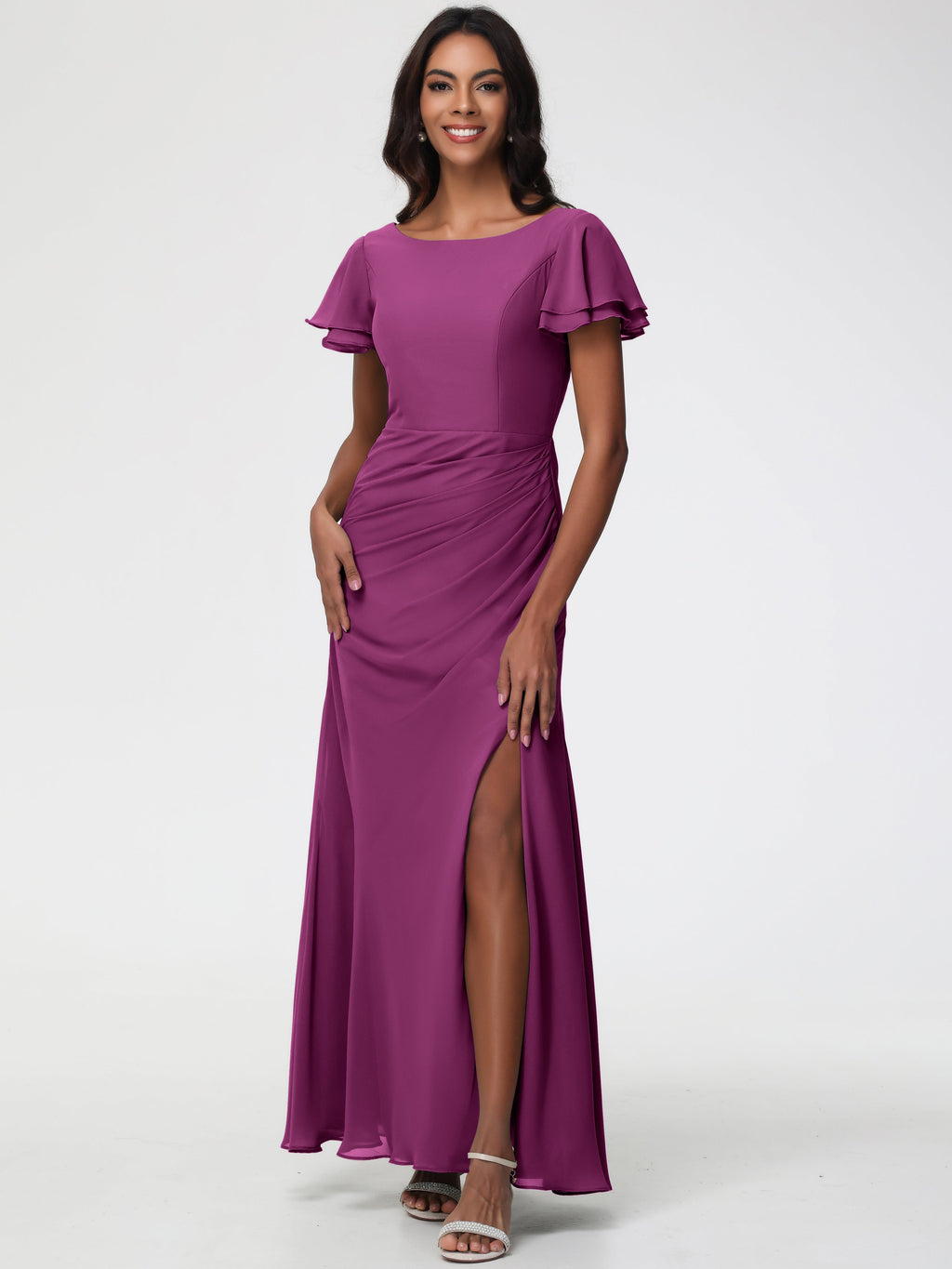 orchid purple bridesmaid dresses Chic Bateau Neckline Ruffle Short Sleeves Sheath/Column Chiffon Bridesmaid Dress with Slit deep purple bridesmaid dresses