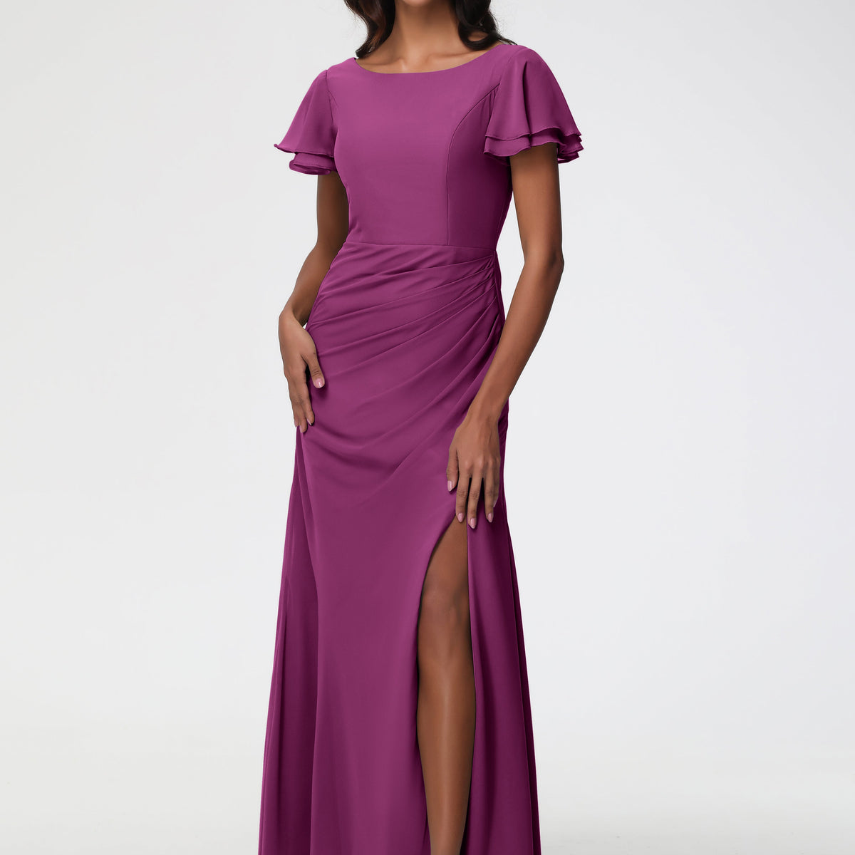 orchid purple bridesmaid dresses Chic Bateau Neckline Ruffle Short Sleeves Sheath/Column Chiffon Bridesmaid Dress with Slit stopping train